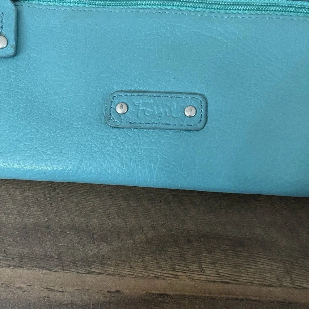 Fossil Jori‎ Flap Clutch Teal Leather Zip Wallet